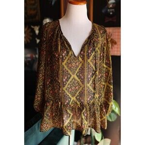 Like Mynded Peasant Top Tunic Sheer Boho Long Sleeve Green Floral Peplum Hem L